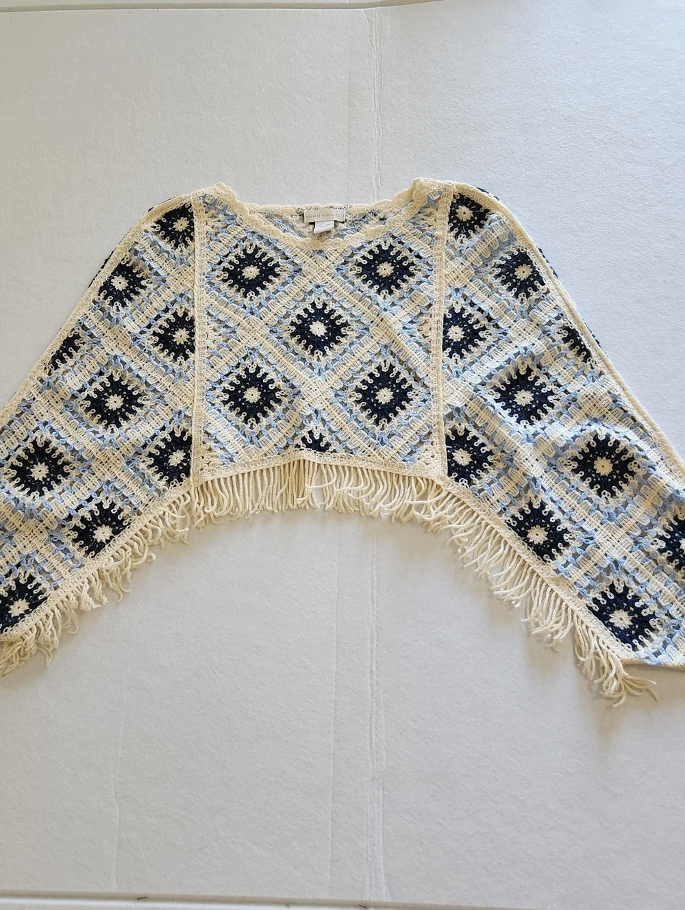 House of Harlow 1960 Cream, Navy & Light Blue Crochet Fringe Poncho Sweater - Picture 3 of 5
